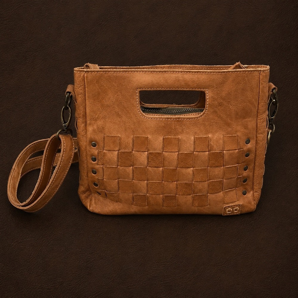Bed Stu Tan Leather Woven Crossbody Bag Cutout Handle Studded Brown Handbag